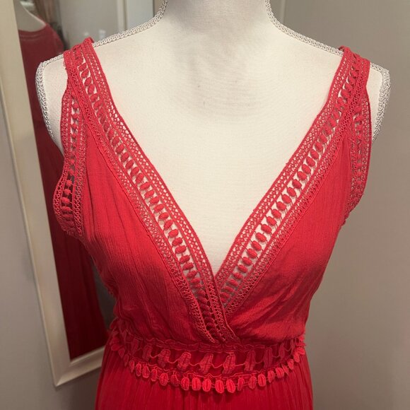 Max Studio Red Lace Trim Sleeveless Maxi Dress, Size Large - Picture 3 of 16